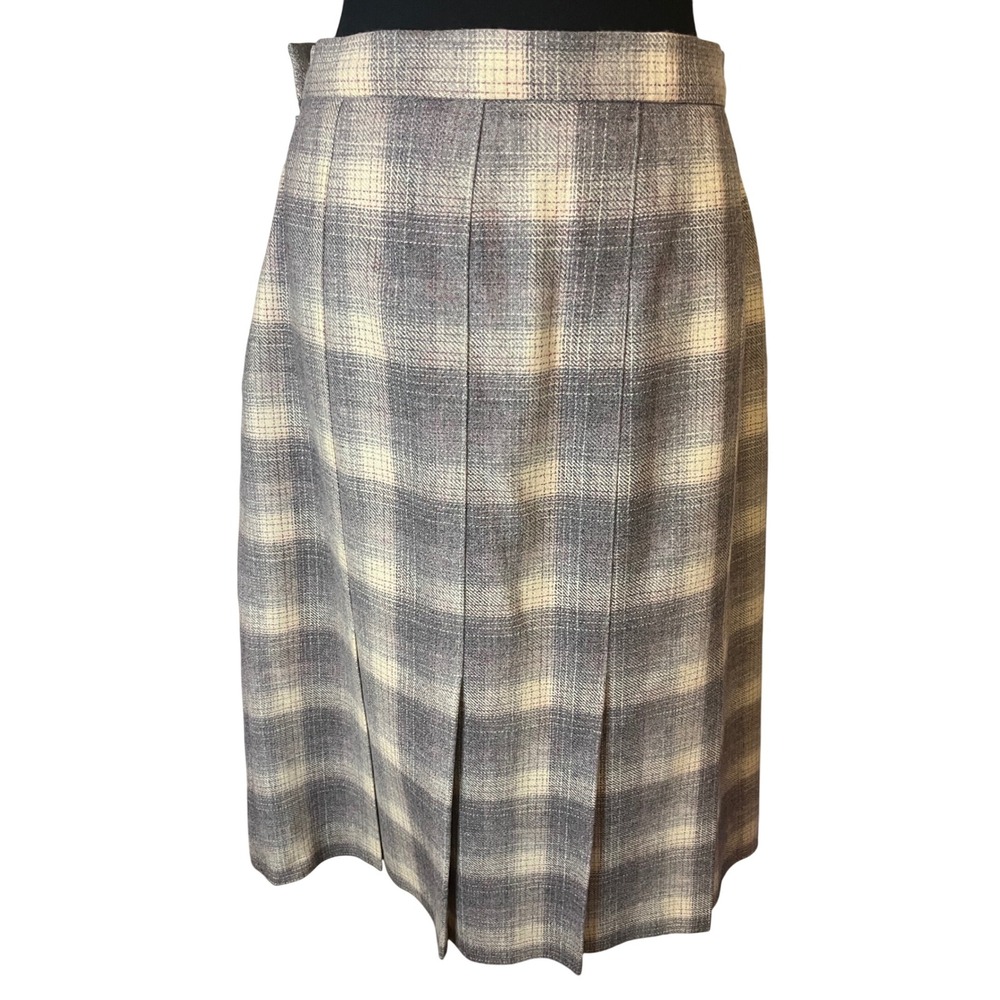 Vtg Edinburgh Woollen Mill Wool‎ Pleated Skirt 14 Gray/white/pink Plaid Academia